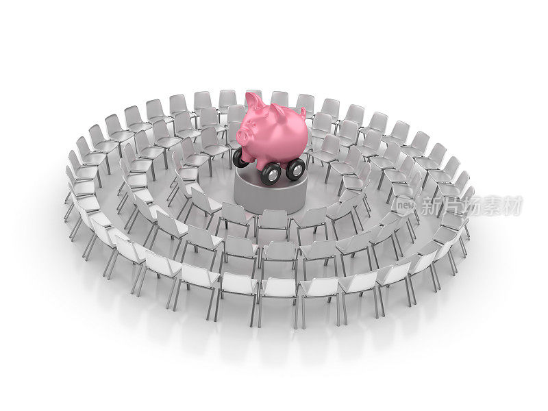圆形的椅子与小猪银行在轮子上- 3D渲染